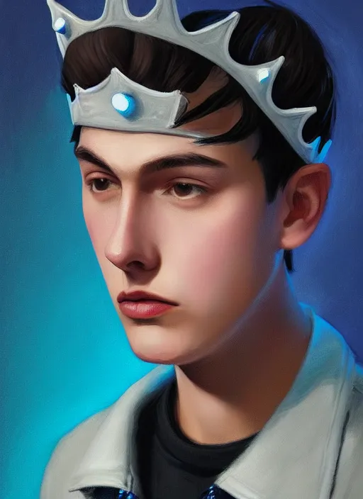 Image similar to portrait of teenage jughead jones wearing a light grey crown, crown, blue turtleneck, 1 9 5 0 s, closed eyes, photorealistic, black hair, glowing lighting, intricate, elegant, glowing lights, highly detailed, digital painting, artstation, concept art, smooth, sharp focus, illustration, art by wlop, mars ravelo and greg rutkowski