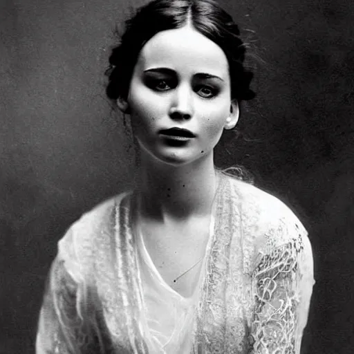 Prompt: victorian photograph of a mix of jennifer lawrence and lilly collins, 1 8 9 0 s photography, 1 9 0 0, realistic face, symmetrical face, studio photograph, grainy, edwardian, old photo