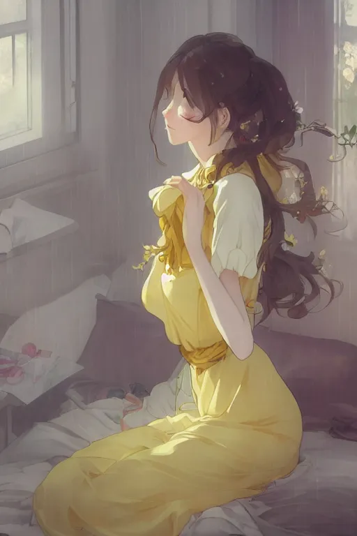 Image similar to a girl in a maid's outfit in the bedroom a night, raining outside the window, yellow theme, wavy white long hair, by krenz cushart and mucha and akihito yoshida and greg rutkowski and makoto shinkai, 4 k resolution