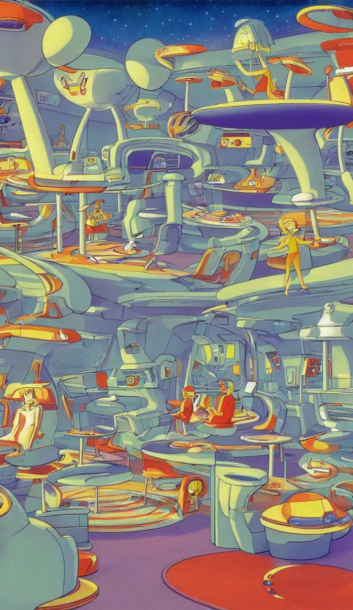 Prompt: concept art of jetsons cartoon indoor big kid room, painted by tim white