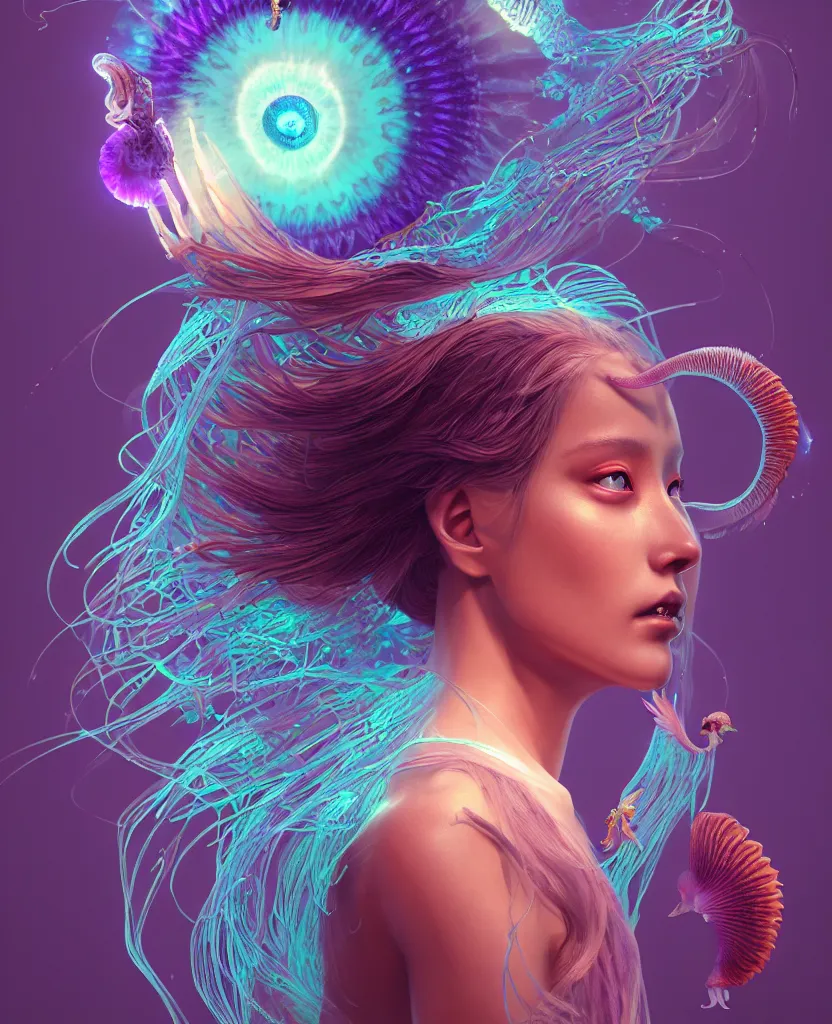 Image similar to goddess close-up portrait. orchid jellyfish phoenix head, nautilus, skull, betta fish, bioluminiscent creatures, intricate artwork by Tooth Wu and wlop and beeple. octane render, trending on artstation, greg rutkowski very coherent symmetrical artwork. cinematic, hyper realism, high detail, octane render, 8k