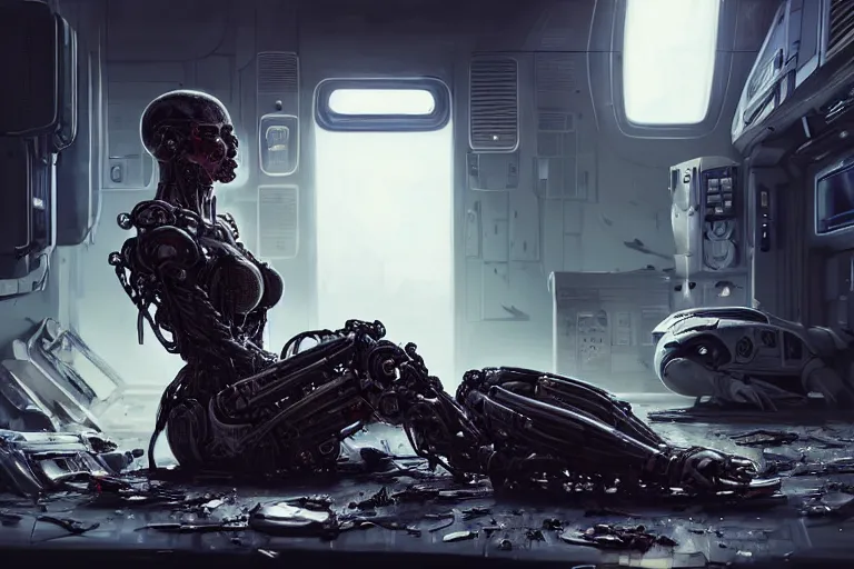 Image similar to Ultra realistic illustration, beautiful alluring damaged combat cyborg sitting on the floor of a smoldering crashed spaceship while being put back together in an super advanced military medical bay, cyberpunk, sci-fi, fantasy, intricate, elegant, highly detailed, digital painting, artstation, concept art, smooth, sharp focus, 8k, illustration, art by artgerm and greg rutkowski and alphonse mucha