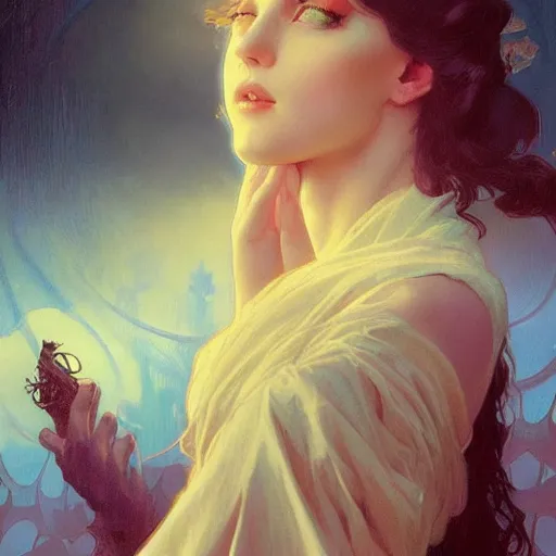 Prompt: Ethereal, mysterious stunning girl from the rainbow sky paradise, Victorian gothic fashion, sharp focus, digital painting, concept art, illustration, filmpunk , trending on artstation, art by greg rutkowski and greg hildebrandt, composition by alphonse mucha