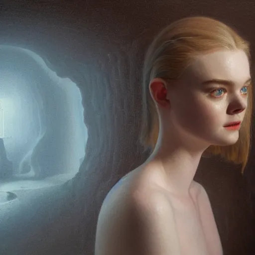 Prompt: Elle Fanning in a cave in the world of Adam Wyeth, head and shoulders portrait, stormy weather, extremely detailed masterpiece, oil on canvas, low-key neon lighting, artstation, Blade Runner 2049, Roger Deakin’s cinematography, by J. C. Leyendecker and Peter Paul Rubens and Edward Hopper and Michael Sowa,