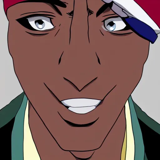 Image similar to Tupac Shakur, screenshot from a 2012s anime