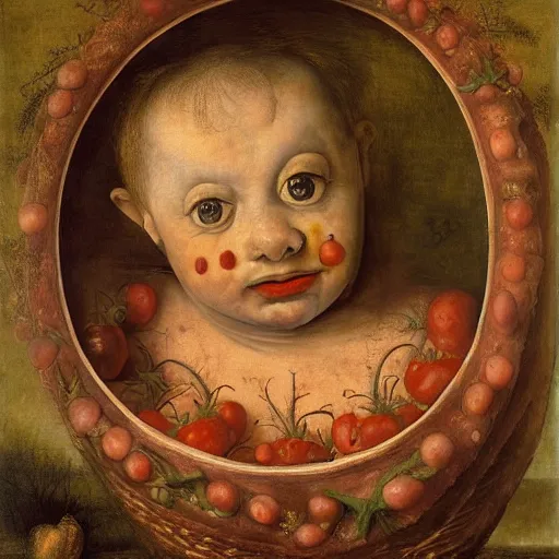 Image similar to a boy sitting in a tub full of tomato sauce, by giuseppe arcimboldo, renaissance, portrait, fruit, detailed oil paint, high definition