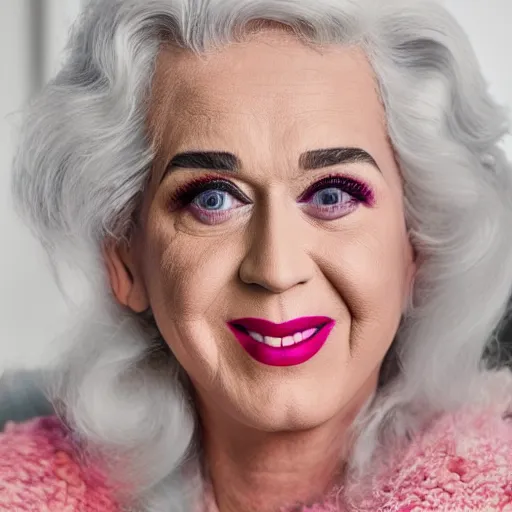 Image similar to old katy perry singer at age 9 0 years old, color ( sony a 7 r iv, symmetric balance, polarizing filter, photolab, lightroom, 4 k, dolby vision, photography award ), vogue, perfect face