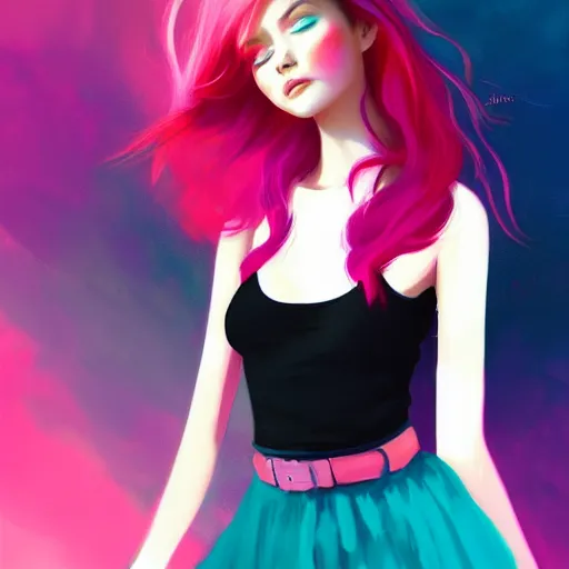 Image similar to colorful and festive captivating teenager girl with pink hair, cyan top crop, black skirt, black leggings, cute look. rich vivid colors, ambient lighting, dynamic lighting, 4 k, atmospheric lighting, painted, intricate, highly detailed by charlie bowater