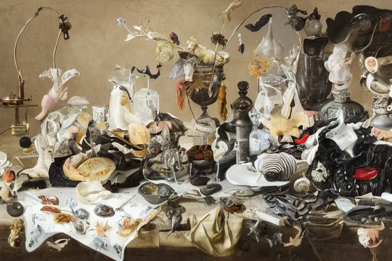 Prompt: a vanitas painting from the 21st century by clara peeters and pieter claesz with an NVIDIA RTX GPU, Graphics card, silicone, dead animals, a smartphone, screens, tiktok, AirPods, cables, wires