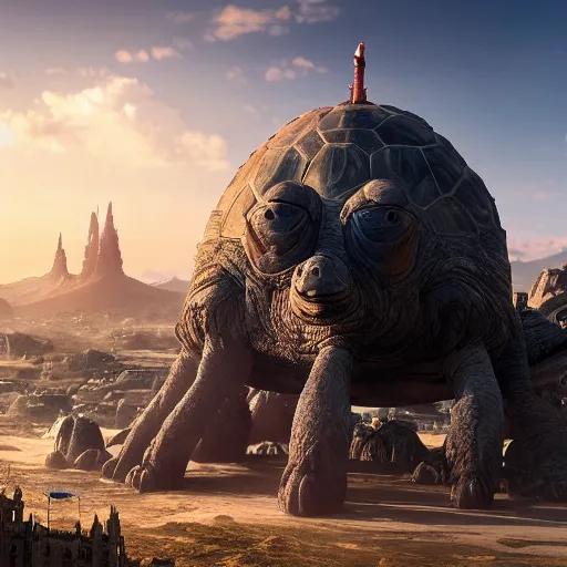 Prompt: giant tortoise towering over a harsh barren sandy wasteland with a large fantasy castle rising from the top, distant shot angled slightly down, fantasy, hyper detailed, 4 k, howls moving castle, mortal engines, kaiju,