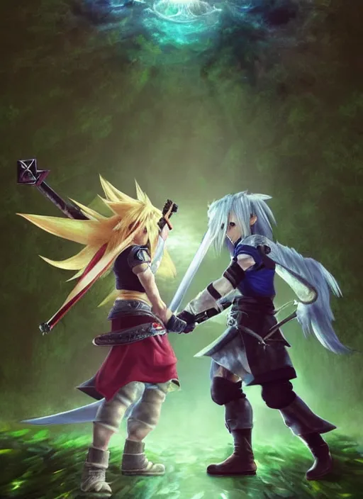 Image similar to cloud from final fantasy 7 and link from zelda fighting in the forest, fantasy, medieval, vivid colors, fantasy, elegant, concept art, sharp focus, beautiful face!!, digital art, hyper - realistic, 4 k, unreal engine, highly detailed, hd, dramatic lighting by brom, trending on artstation