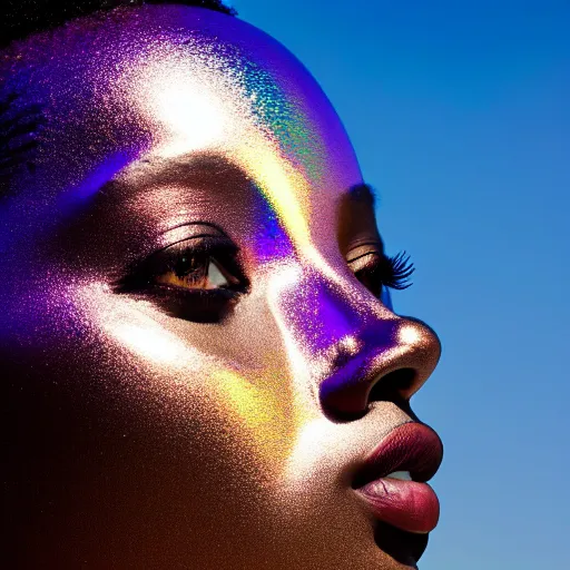 Image similar to portrait of iridescent metallic face, african woman, reflections, smooth, proud looking away, outdoor, blue sky, nature, 8 k, realistic, depth of field, highly detailed, award winning photography,