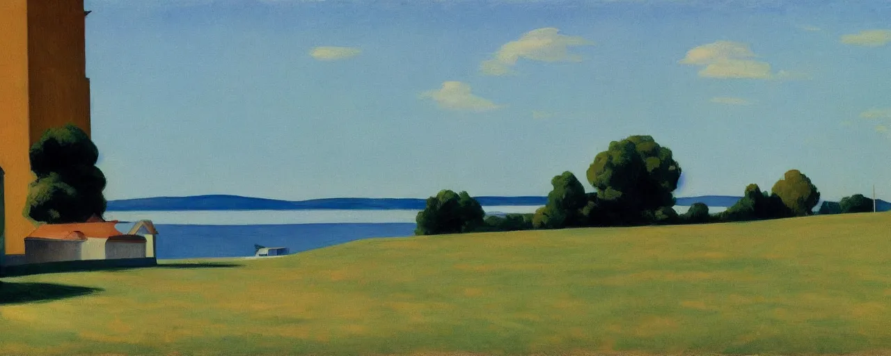 Prompt: an edward hopper style painting of ( ( ( ( ( ( ( ( balatonfured, a resort town in veszprem county, in hungary ) ) ) ) ) ) ) ), late - summer, august of 1 9 4 8