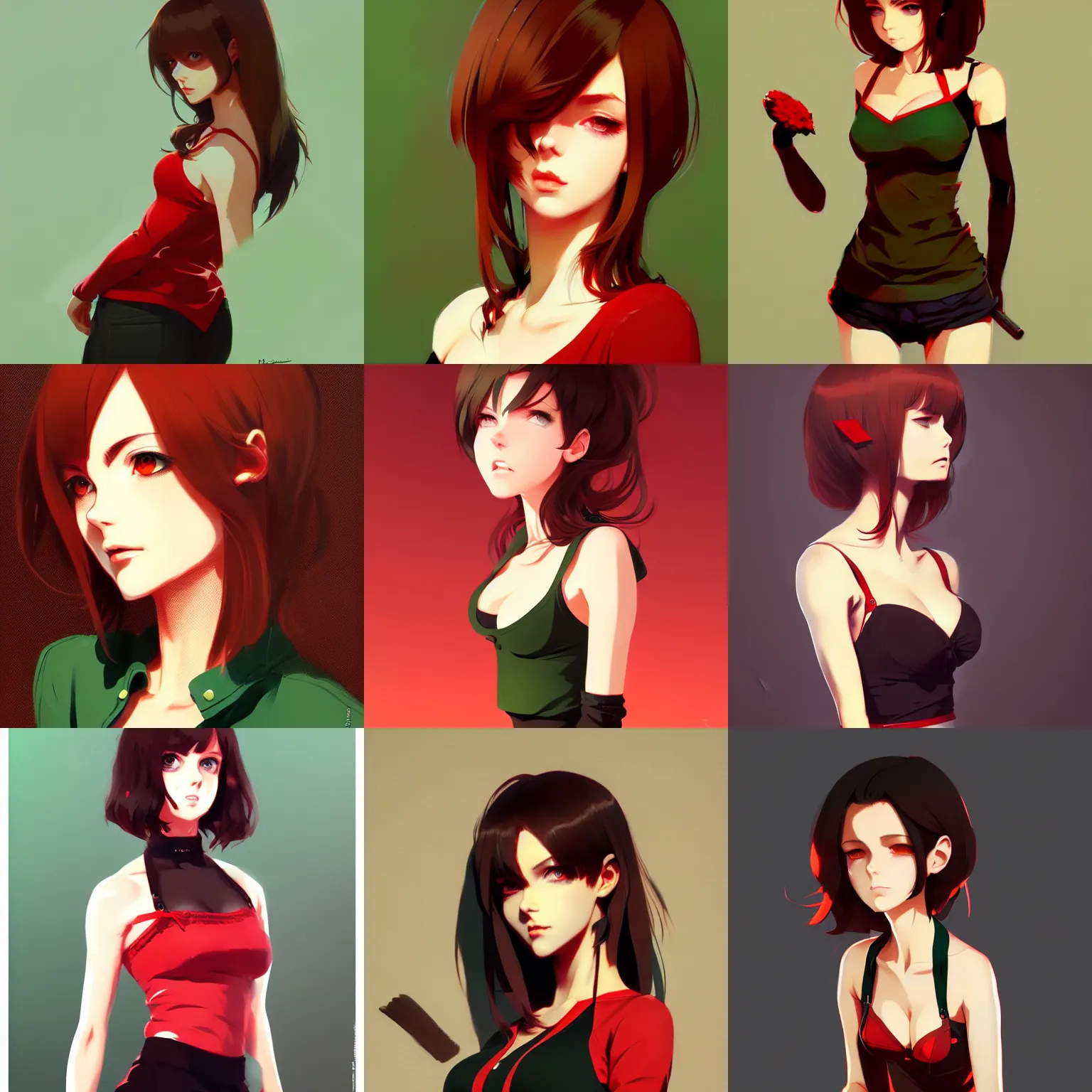 Prompt: gorgeous woman with brown hair and green eyes, wearing a camisole, red and black color palette, in the style of and ilya kuvshinov and greg rutkowski, high quality anime artstyle, intricate