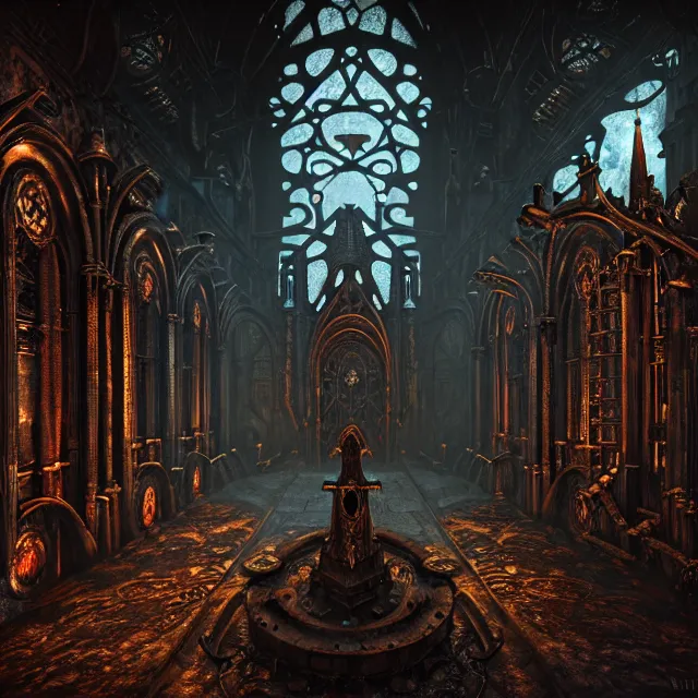 Image similar to steam necropolis, memento mori, gothic, neo - gothic, art nouveau, hyperdetailed copper patina medieval icon, stefan morrell, philippe druillet, ralph mcquarrie, concept art, steampunk, unreal engine, detailed intricate environment, octane render, moody atmospherics, volumetric lighting, ultrasharp, ominous, otherworldly