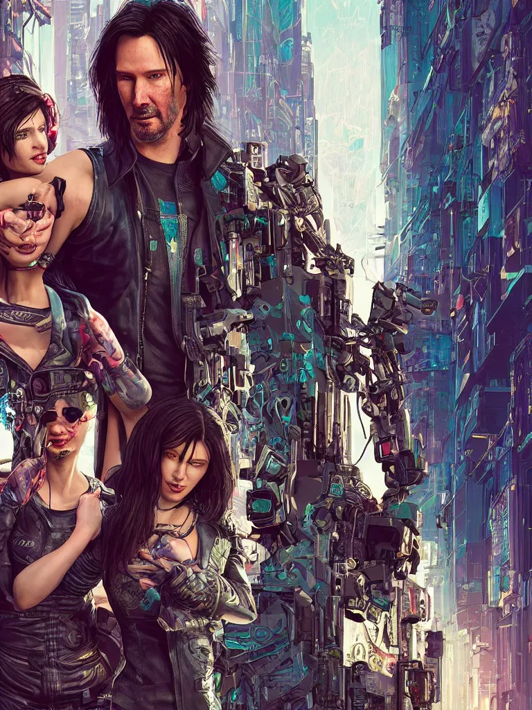 Image similar to a cyberpunk 2077 wedding couple portrait of Keanu Reeves as Johnny Silverhand and V in love story,pray,hug,hold,kiss,film lighting,by Lawrence Alma-Tadema,Andrei Riabovitchev,Laurie Greasley,Dan Mumford, John Wick,Speed,Replicas,artstation,deviantart,FAN ART,full of color,Digital painting,face enhance,highly detailed,8K,octane,golden ratio,cinematic lighting