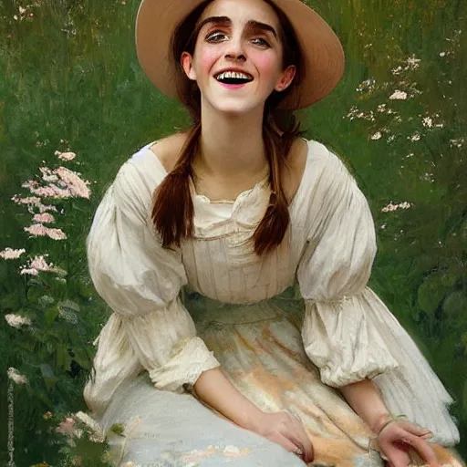 Prompt: laughing mouth open thick paint brush strokes full body fashion model emma watson by Jeremy Lipking by Hasui Kawase by Richard Schmid (((smokey eyes makeup eye shadow fantasy, glow, shimmer as victorian woman in a long white frilly lace dress and a large white hat having tea in a sunroom filled with flowers, roses and lush fern flowers ,intricate, night, highly detailed, dramatic lighting))) , high quality