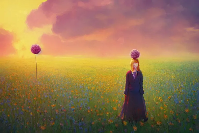 Image similar to giant thistle flower under head, a girl in a suit in field of flowers, surreal photography, sunrise, blue sky, dramatic light, impressionist painting, digital painting, artstation, simon stalenhag