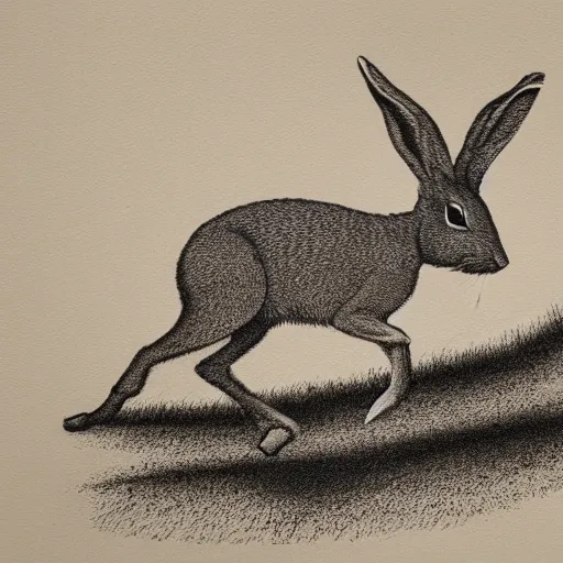 Image similar to bold etching of a jackrabbit running downward