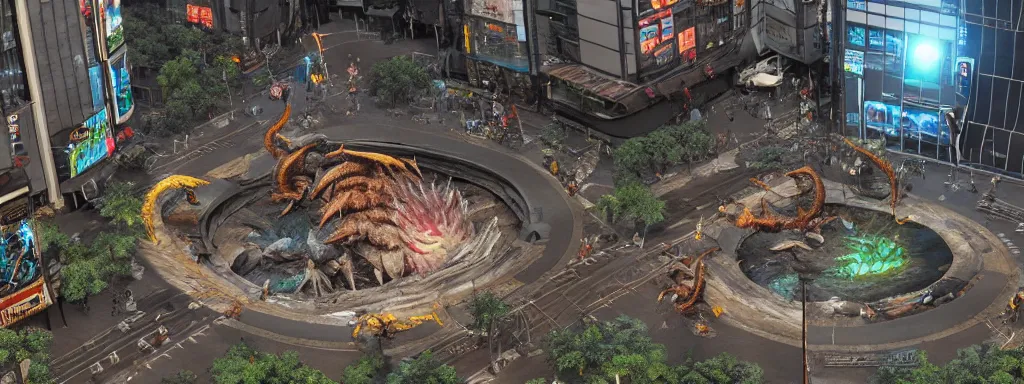 Image similar to large sinkhole in the middle of shibuya tokyo, with ancient glowing spiked wyvern flying creatures emerging from the hole, in the style of monster hunter world, like concept art on artstation, hyperdetailed, vray render, octane render,