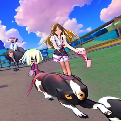 Prompt: screenshot from a 3 d video game about anime girls riding giant dogs