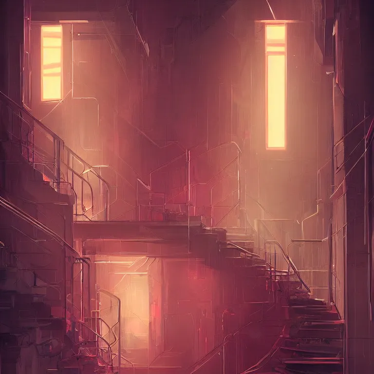 Image similar to down a basement staircase neon lights cyberpunk style digital painting concept art smooth sharp focus hyperrealistic illustration artstati