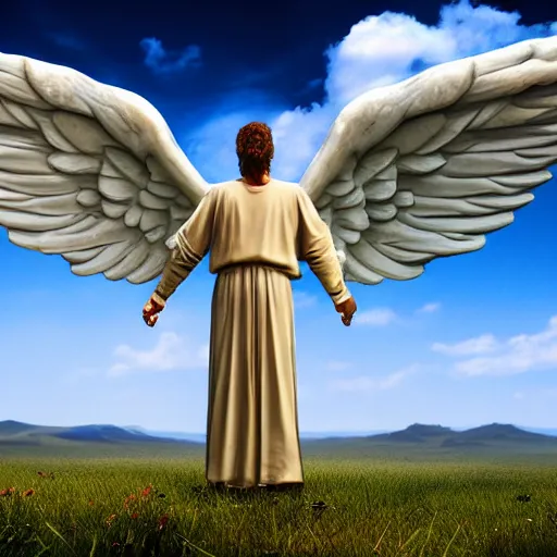 Image similar to gigantic biblical depiction of an angel towering over a vast landscape, cinematic, realistic, geometric body, photorealistic, detailed, white body, global illumination, volumetric lighting, 8 k, god rays, beautiful, majestic clouds, soft colors, heavenly lighting