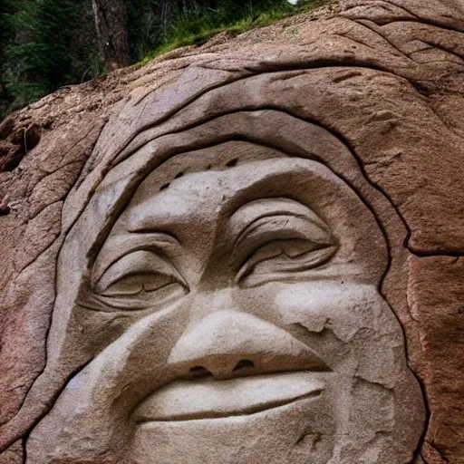 Image similar to a mountain side with the face of pippi carved into the rock