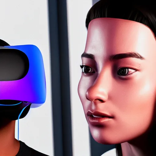 Prompt: young female wearing oculus quest 2, highly detailed digital painting hyperrealism ray tracing cinematic