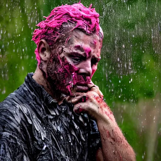 Image similar to The performance art shows a man caught in a storm, buffeted by wind and rain. He clings to a tree for support, but the tree is bent nearly double by the force of the storm. The man's clothing is soaked through and his hair is plastered to his head. His face is contorted with fear and effort. magenta by Alexej von Jawlensky, by Jamie Hewlett unplanned, defined