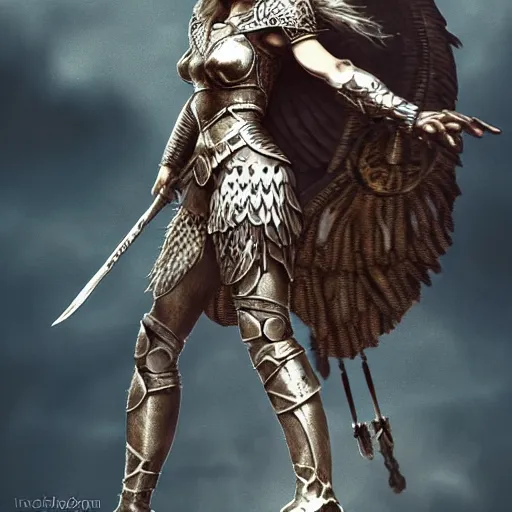 Image similar to valkyrie standing triumphantly atop a pile of bones, epic fantasy, insane details, illustration, artstation, intricate, sharp focus, elegant, concept art