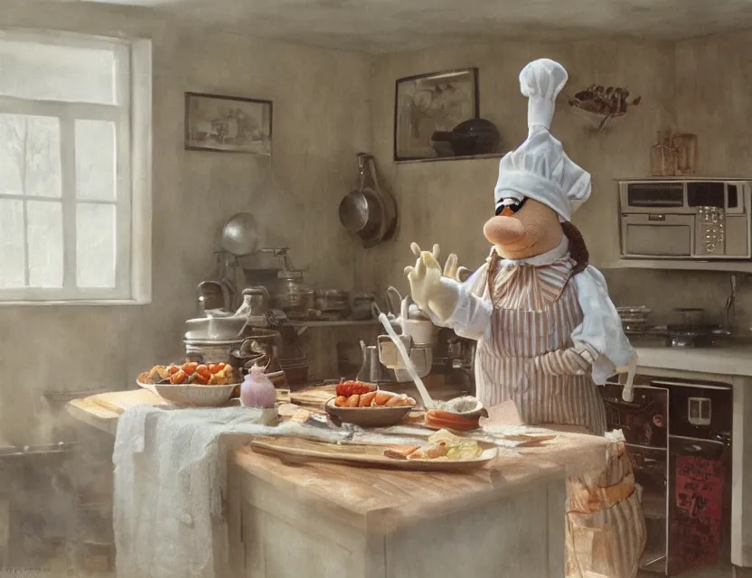 Image similar to muppet swedish chef cooking in a kitchen in country house, cottage core, cinematic focus, polaroid photo bleached vintage pastel colors high - key lighting, soft lights, foggy, by steve hanks, by lisa yuskavage, by serov valentin, by tarkovsky, 8 k render, detailed, oil on canvas