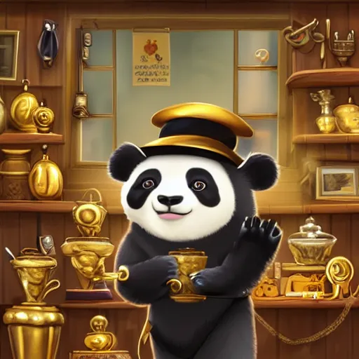 Image similar to Anthropomorphized panda trader in his shop, selling his wares, portrait, items, gold, magic potions, carpet, window, fancy hat, sly expression , cunning expression, cute expression, long thick shiny gold beak, presenting wares, holding a gold bag, D&D, fantasy, cinematic lighting, highly detailed, digital painting, artstation, concept art, smooth, sharp focus, illustration, warm light, cozy warm tint, magic the gathering artwork, volumetric lighting, 8k, art by Akihiko Yoshida, Greg Rutkowski