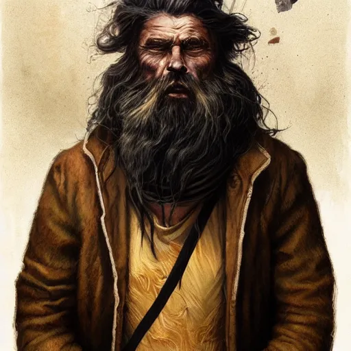 Image similar to full-body portrait of a majestic hobo, brown and gold, rags, beard, missing teeth, by Anato Finnstark, Tom Bagshaw, Brom