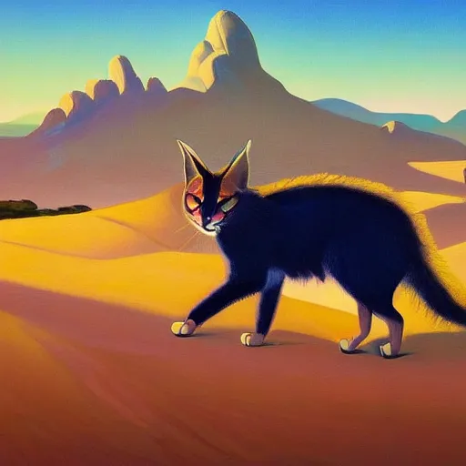 Image similar to a very detailed painting of giant cute fluffy caracal, blue sky with very aesthetic stylized clouds, there is a city with futuristic buildings in the back, there are blue mountains in the back, in the style of edward hopper and hugo pondz, very fine brushstrokes, 4 k,