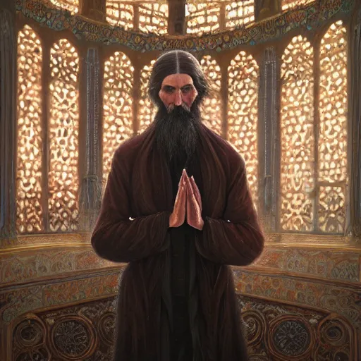 Image similar to grigori rasputin praying in the mosque, wlop, james jean, tom bagshaw, rococo, trending on artstation, fantasy, intricate, elegant, highly detailed, digital painting, concept art, smooth, illustration, cinematic lighting, hyper realism, octane render, 8 k, hyper detailed.