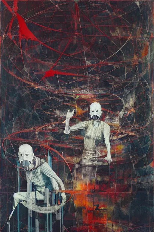 Prompt: two skinny old people wearing gas masks inside a brutalist designed space ship , gothic, rich deep colours, painted by Francis bacon, Adrian ghenie, James jean and Petra cortright, part by Gerhard Richter, part by Takato Yamamoto. 8k masterpiece