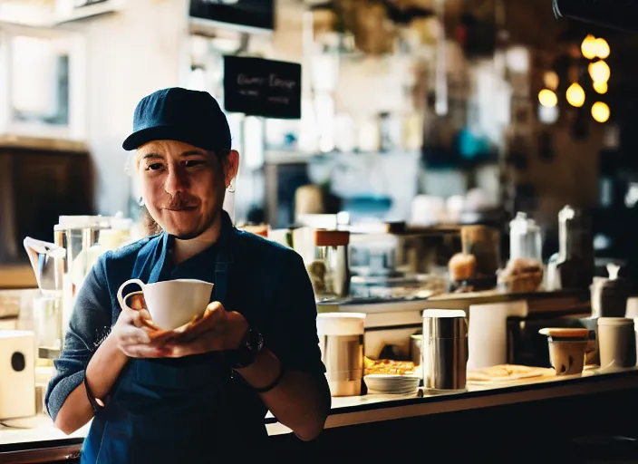 Image similar to a 3 5 mm photo of a person behind the counter of a cafe in the morning, bokeh, canon 5 0 mm, cinematic lighting, film, photography, golden hour, depth of field, award - winning