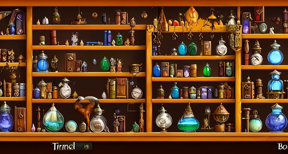 Image similar to a bookshelf of wonderful magical creatures, located in a wizard's shop, full of trinkets and magical potions flasks vials, bubbling liquids, smoking vessels, detailed, 4 k