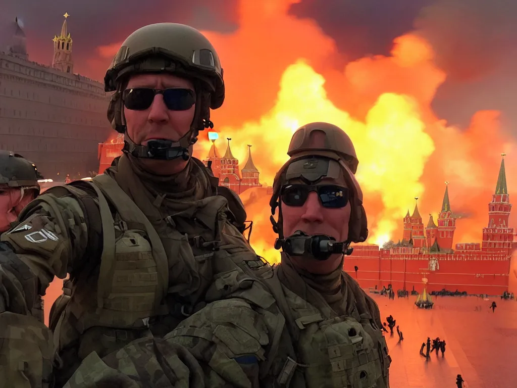 Image similar to special forces nato soldier with yellow shoulder patch takes selfie at red square kremlin burning in the background, d & d, fantasy, bright atmosphere, volumetric lights, intricate, elegant, extremely detailed, digital painting, artstation, concept art, matte, smooth, sharp focus, hyper realistic, illustration, art by artgerm and greg rutkowski and alphonse mucha