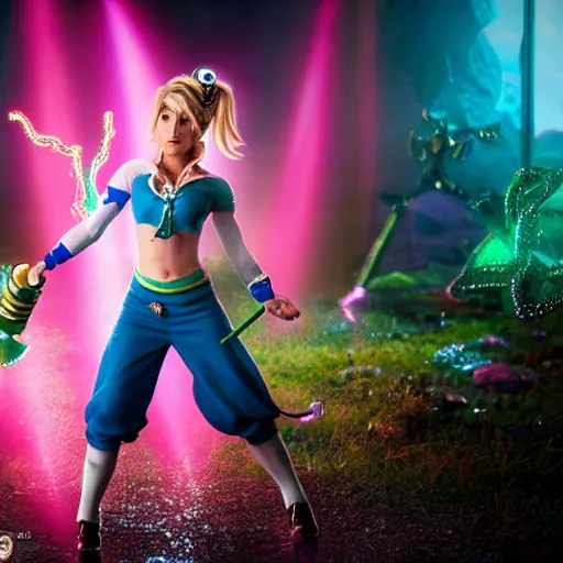 Image similar to cinematic scene with elsa pataki as jolyne from jojo's bizarre adventure, live action film, stone ocean, dramatic, small details, volumetric lighting, still frame