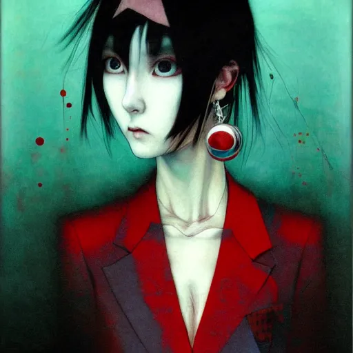 Image similar to yoshitaka amano blurred and dreamy realistic three quarter angle horror portrait of a sinister young woman with short black hair, big earrings and red eyes wearing office suit with tie, junji ito abstract patterns in the background, satoshi kon anime, noisy film grain effect, highly detailed, renaissance oil painting, weird portrait angle, blurred lost edges