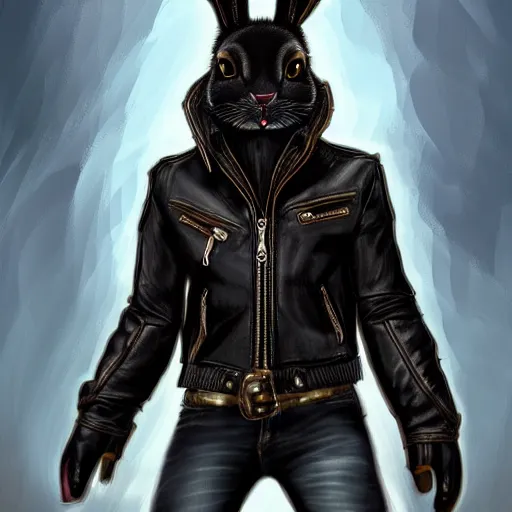 Image similar to A bunny with a small head wearing a fine intricate leather jacket and leather jeans and leather gloves, trending on FurAffinity, energetic, dynamic, digital art, highly detailed, FurAffinity, high quality, digital fantasy art, FurAffinity, favorite, character art