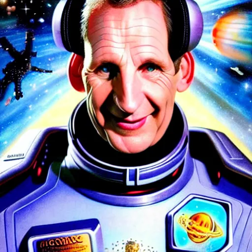 Prompt: uhd photorealistic cosmic chris barrie as arnold j. rimmer in space. amazing detail, correct face, symmetrical face, by karol bak and zawadzki, hyperdetailed. intricate details with studio lighting.