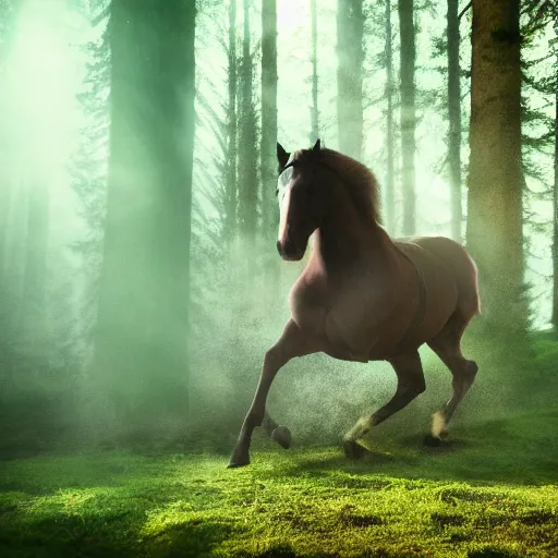 Prompt: a award winning photo of a horseman spirit running in a forest, volumetric light effect