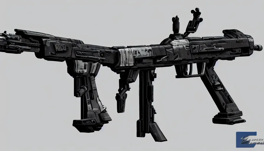 Prompt: extremely detailed realistic side view of a sci fi light machine gun, detailed trigger, chemically propelled, battery powered, smooth streamline, battery and wires, railgun, chemrail, gauss, elegant sleek smooth body, white paint, smooth utopian design, ultra high quality, minimalist, octane, cod, destiny, warframe, terminator