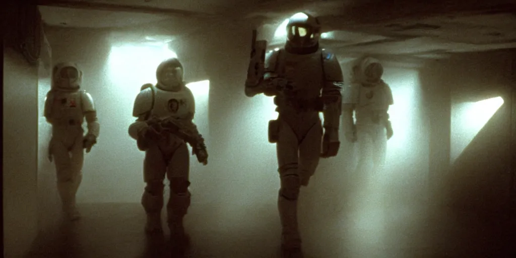 Image similar to color film still, space marines in the dark hallway, space ship ; misty, ; alien 2 ( 1 9 8 6 )