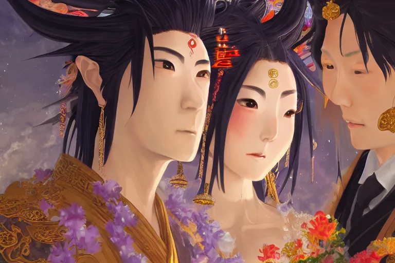 Image similar to close up moment of a divine a japan sun god and a moon goddess lovers magician at a wedding banquet, highly detailed, genshin, fantasy, 4 k realistic, digital painting, trending on artstation, concept art, sharp focus, illustration, art by makoto shinkai and akihiko yoshida and daniel gerhartz