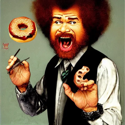 Prompt: bob ross screaming at a donut by norman rockwell