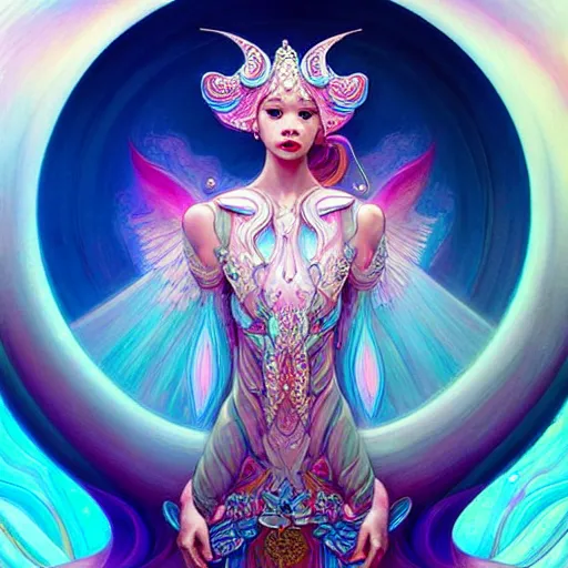 Image similar to Lalisa Manobal as a beautiful celestial pearlescent Goddess wearing a futuristic lush Greek battlesuit exposed in cryo chambers by James Jean, royal blue and pink theme, intricate, elegant, highly detailed, centered, digital painting, artstation, concept art, smooth, sharp focus, illustration, by Peter Mohrbacher, WLOP